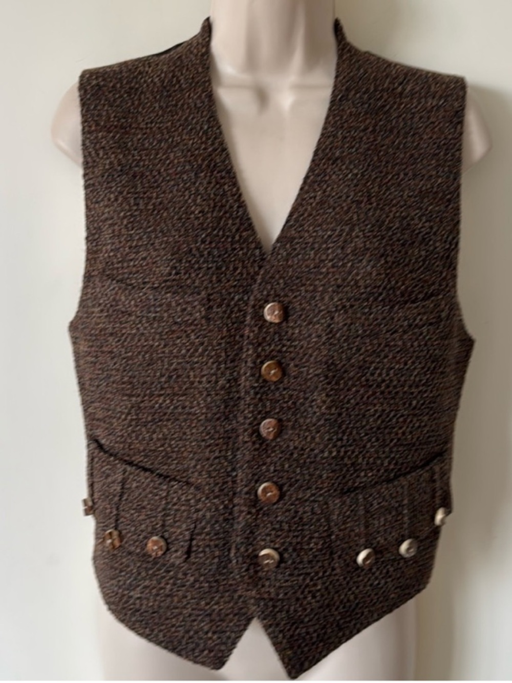 Vintage 90's Ralph Lauren Collection Brown Wool Tweed Button Up Vest 6 - Picture 1 of 8